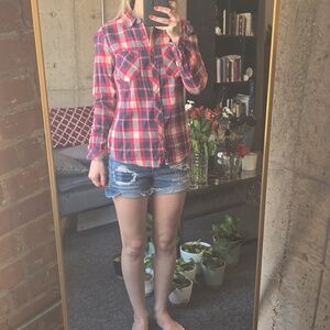 Classic Plaid Button-Down Shirt in Red and Blue